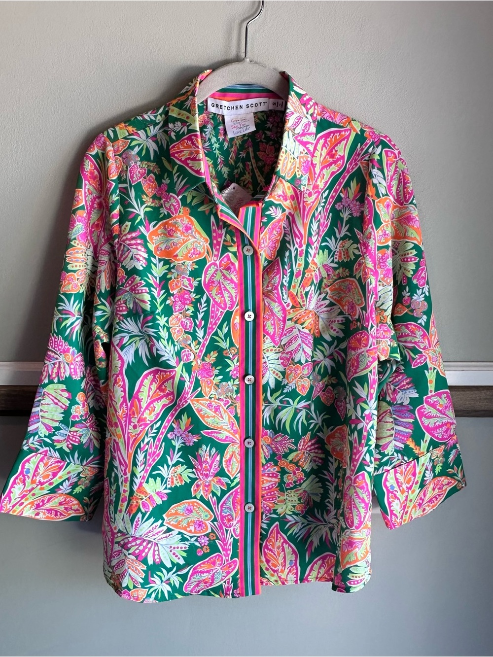 Gretchen Scott Boyfriend Shirt Vintage Vine Kelly Pink Tropical